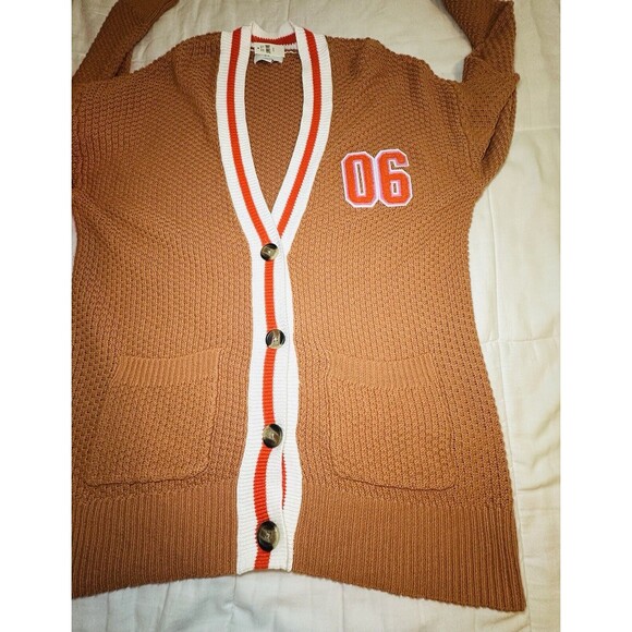 AERIE Oversized Varsity Letterman‎ Boyfriend Button Up Cardigan Orange XS NWT - Picture 6 of 11